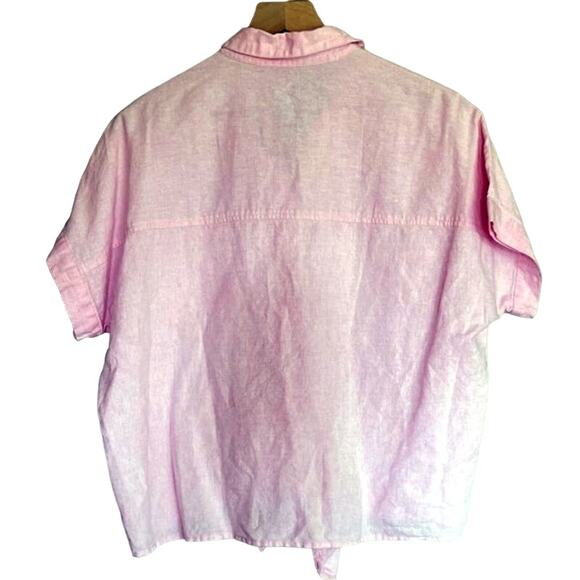 Madewell Pink Linen Short‎ Sleeve Button Up Waist Tie Shirt Size Medium - Picture 6 of 10